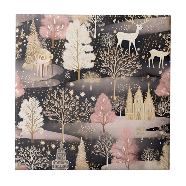 Pink Winter Deer Fantasy Castle Landscape (2) Ceramic Tile (Front)