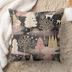 Pink Winter Deer Fantasy Castle Landscape (2) Throw Pillow