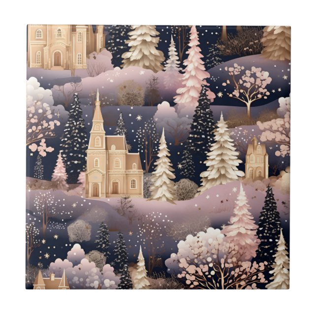 Pink Winter Deer Fantasy Castle Landscape (3) Ceramic Tile (Front)