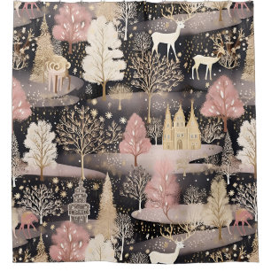 Pink Winter Deer Fantasy Castle Landscape (3) Shower Curtain