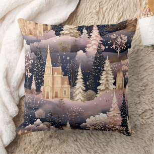 Pink Winter Deer Fantasy Castle Landscape (3) Throw Pillow