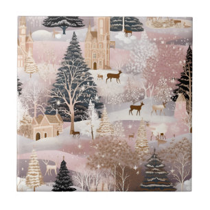 Pink Winter Deer Fantasy Castle Landscape (4) Ceramic Tile