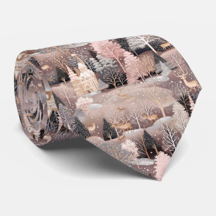Pink Winter Deer Fantasy Castle Landscape (4) Neck Tie