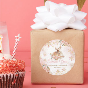 Pink Winter Deer Its a Girl Baby Shower Classic Round Sticker