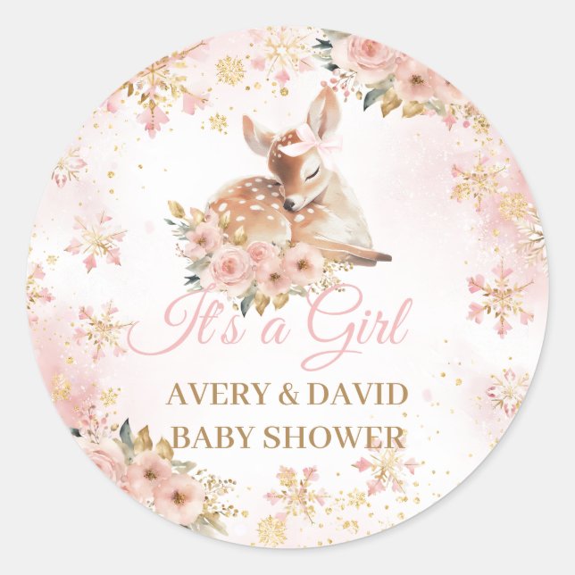 Pink Winter Deer Its a Girl Baby Shower Classic Round Sticker (Front)