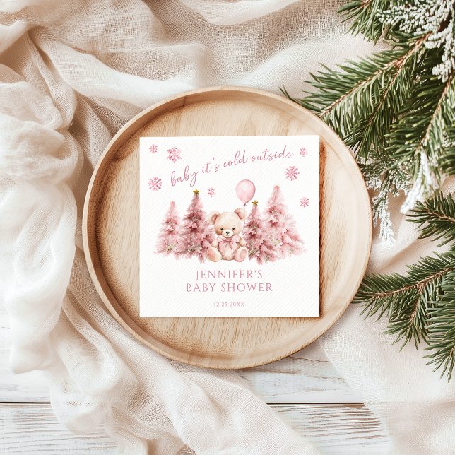 Pink Winter Festive Teddy Bear Baby Girl Shower Napkins (Creator Uploaded)