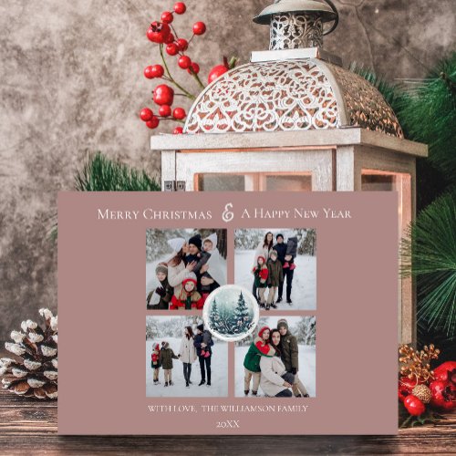 Pink Winter Forest Floral Photo Collage Holiday Card