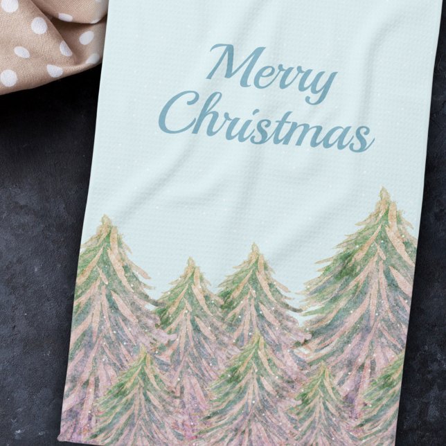 Pink Winter Forest Tree Watercolor Christmas Kitchen Towel (Creator Uploaded)
