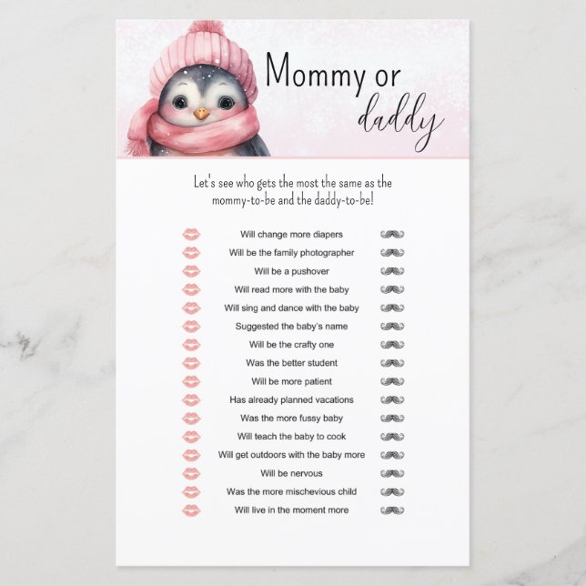 Pink Winter Girl Baby Shower Mommy or Daddy Game (Front)