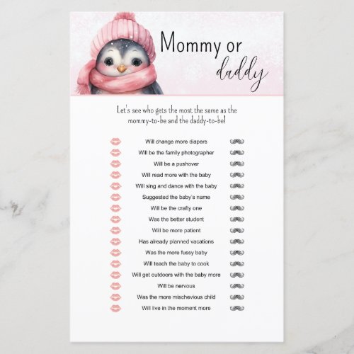 Pink Winter Girl Baby Shower Mommy or Daddy Game