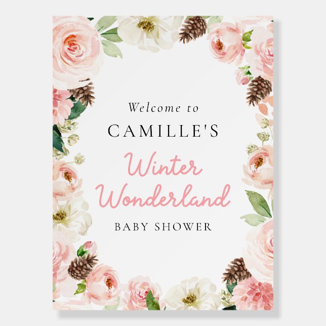 Pink Winter Girl Baby Shower Welcome Sign (Front)