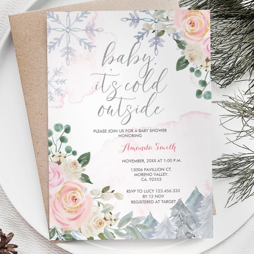 Pink Winter Girl Its Cold Outside Baby Shower Invitation