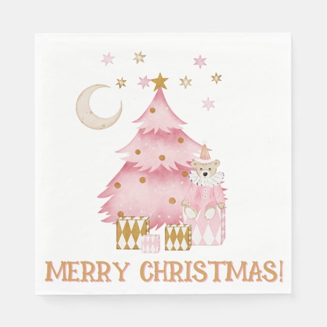 Pink winter holiday candy cotton bear napkins (Front)