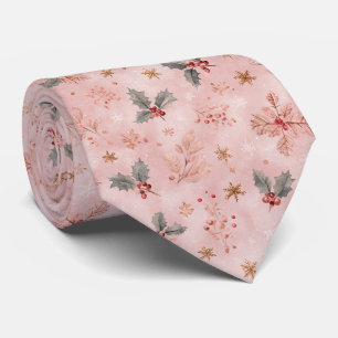 Pink Winter - Holly Leaves and Snowflakes Neck Tie
