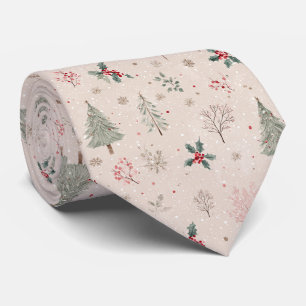 Pink Winter - Holly Leaves, Pine Tree, Snowflakes Neck Tie