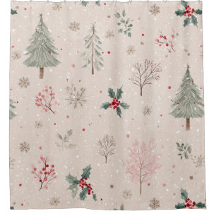 Pink Winter - Holly Leaves, Pine Tree, Snowflakes Shower Curtain