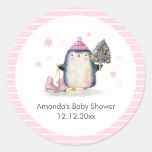Pink Winter Ice Skate Penguin Baby Shower Classic Round Sticker