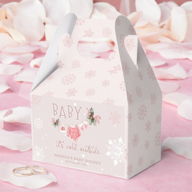 Pink Winter Its Cold Outside Snowflake Baby Shower Favor Boxes (Wedding)