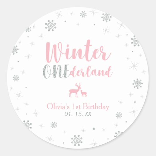 Pink Winter Onderland 1st Birthday Party Favor Classic Round Sticker