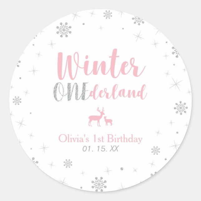 Pink Winter Onderland 1st Birthday Party Favor Classic Round Sticker (Front)