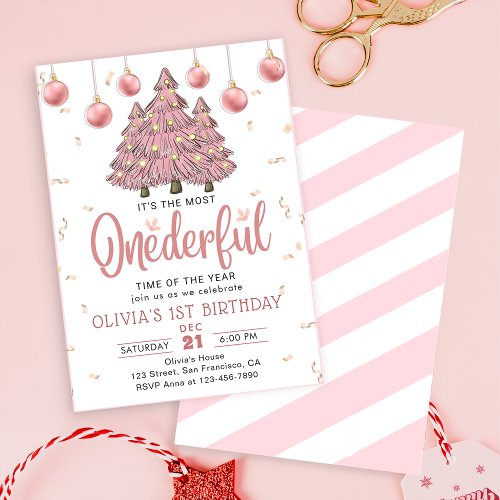 Pink Winter Onederful Christmas Trees Birthday Invitation