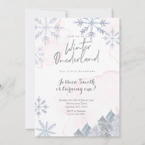 Pink Winter Onederland 1st birthday invitation