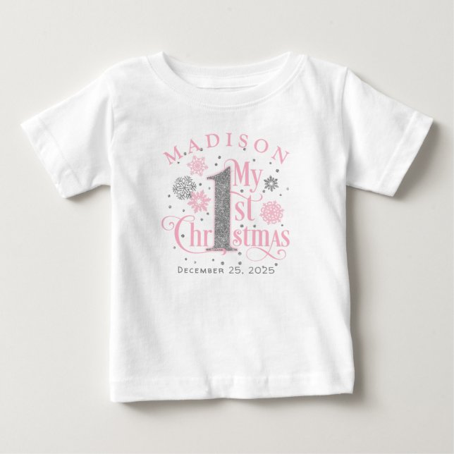 Pink Winter Onederland Baby Girl 1st Birthday Baby T-Shirt (Front)