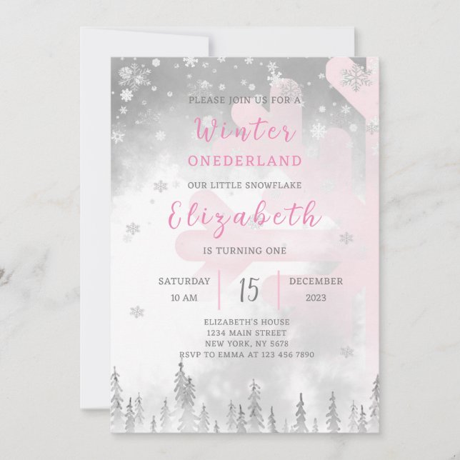 Pink Winter Onederland Birthday Invitation (Front)