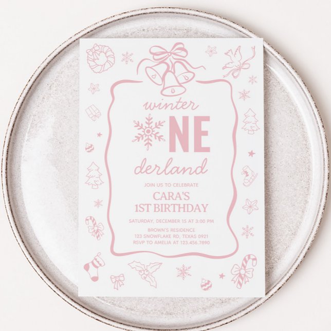 Pink Winter Onederland Birthday Party  Invitation (Winter Onederland Birthday Invitation)