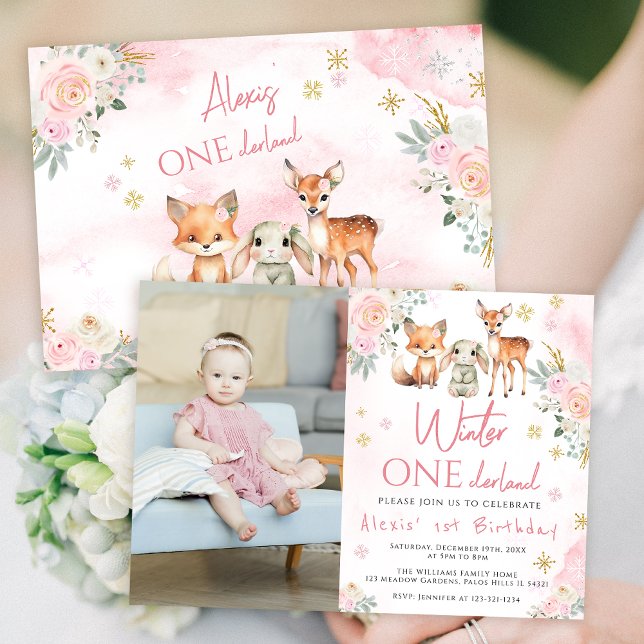 Pink winter onederland birthday photo invitation (Creator Uploaded)