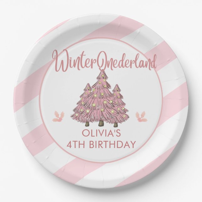 Pink Winter Onederland Christmas Birthday Party Paper Plates (Front)