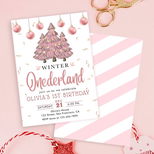Pink Winter Onederland Christmas Trees Birthday Invitation