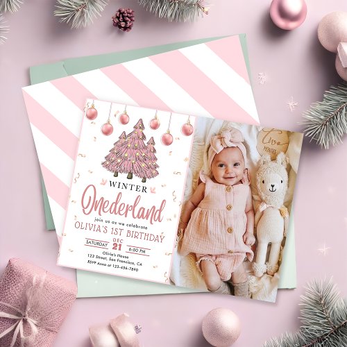 Pink Winter Onederland Christmas Trees Birthday Invitation