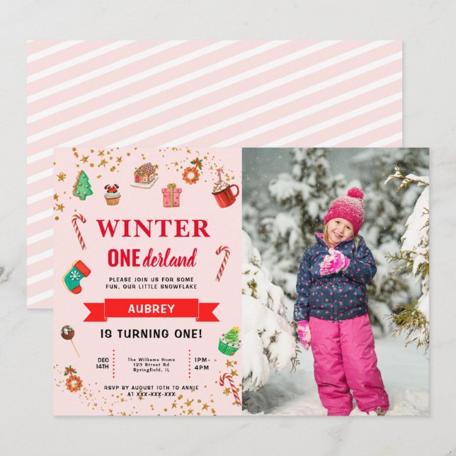 Pink Winter Onederland First Birthday Invitation (Front/Back)