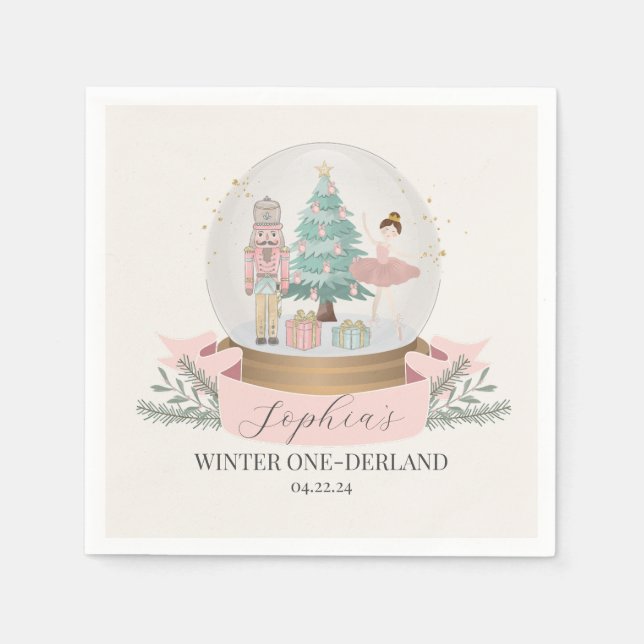 pink winter onederland first birthday party napkins (Front)