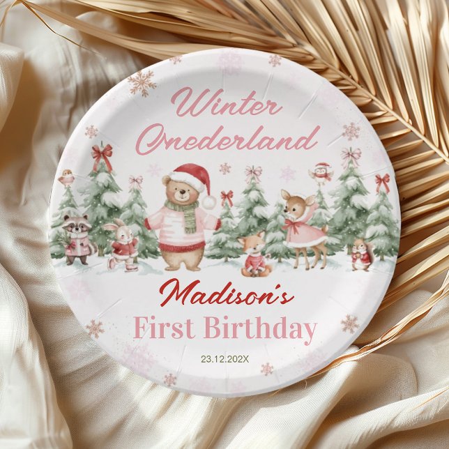 Pink Winter Onederland Forest Girl Birthday Paper Plates (Creator Uploaded)