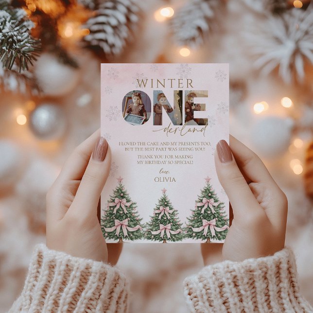 Pink Winter Onederland Girl 1st Birthday Photo Thank You Card (Creator Uploaded)