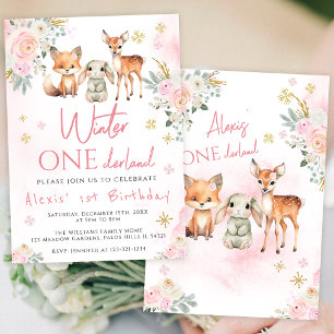 Pink winter onederland girl birthday invitation