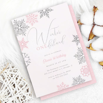 Pink Winter Onederland Silver Glitter 1st Birthday Invitation by Eugene_Designs at Zazzle