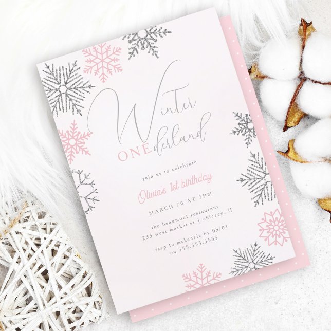 Pink Winter Onederland Silver Glitter 1st Birthday Invitation (Creator Uploaded)
