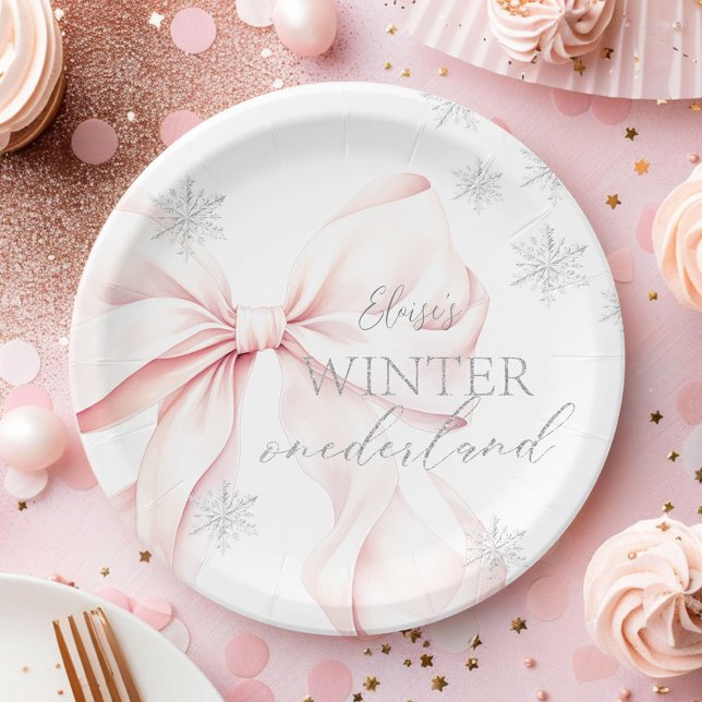 Pink Winter Onederland Silver Glitter 1st Birthday Paper Plates (Creator Uploaded)
