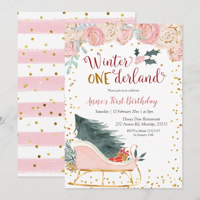 Pink Winter Onederland Sleigh birthday invitation (Front/Back)