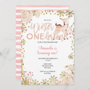 Pink Winter ONEderland Snow Birthday Invite