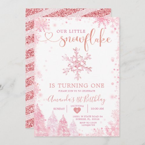 Pink Winter Onederland Snowflake 1st Birthday Invi Invitation