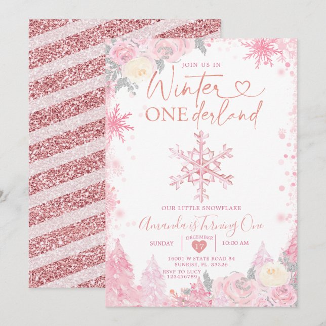 Pink Winter Onederland Snowflake 1st Birthday Invitation (Front/Back)
