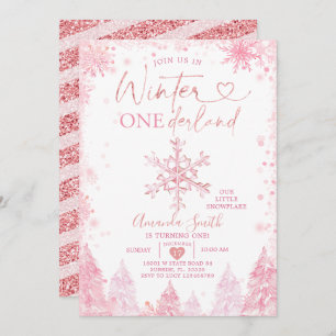 Pink Winter Onederland Snowflake 1st Birthday Invitation