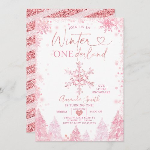 Pink Winter Onederland Snowflake 1st Birthday Invitation