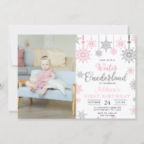 Pink Winter Onederland Snowflake Birthday Photo Invitation