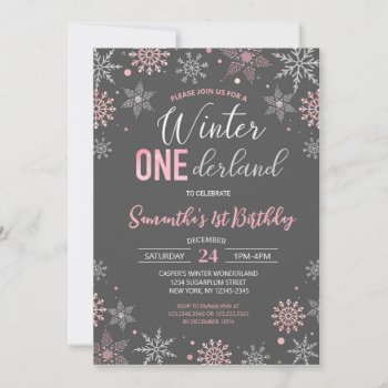 Pink Winter Onederland Snowflakes 1st Birthday Invitation by SugarPlumPaperie at Zazzle