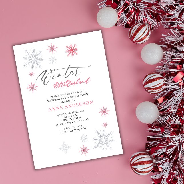 Pink Winter Onederland Snowflakes 1st Birthday  Invitation (Creator Uploaded)